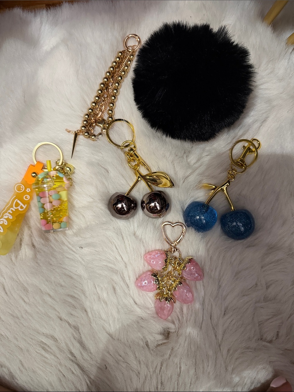 Black Faux Fur Pom Pom Charm Bundle With Cheeries